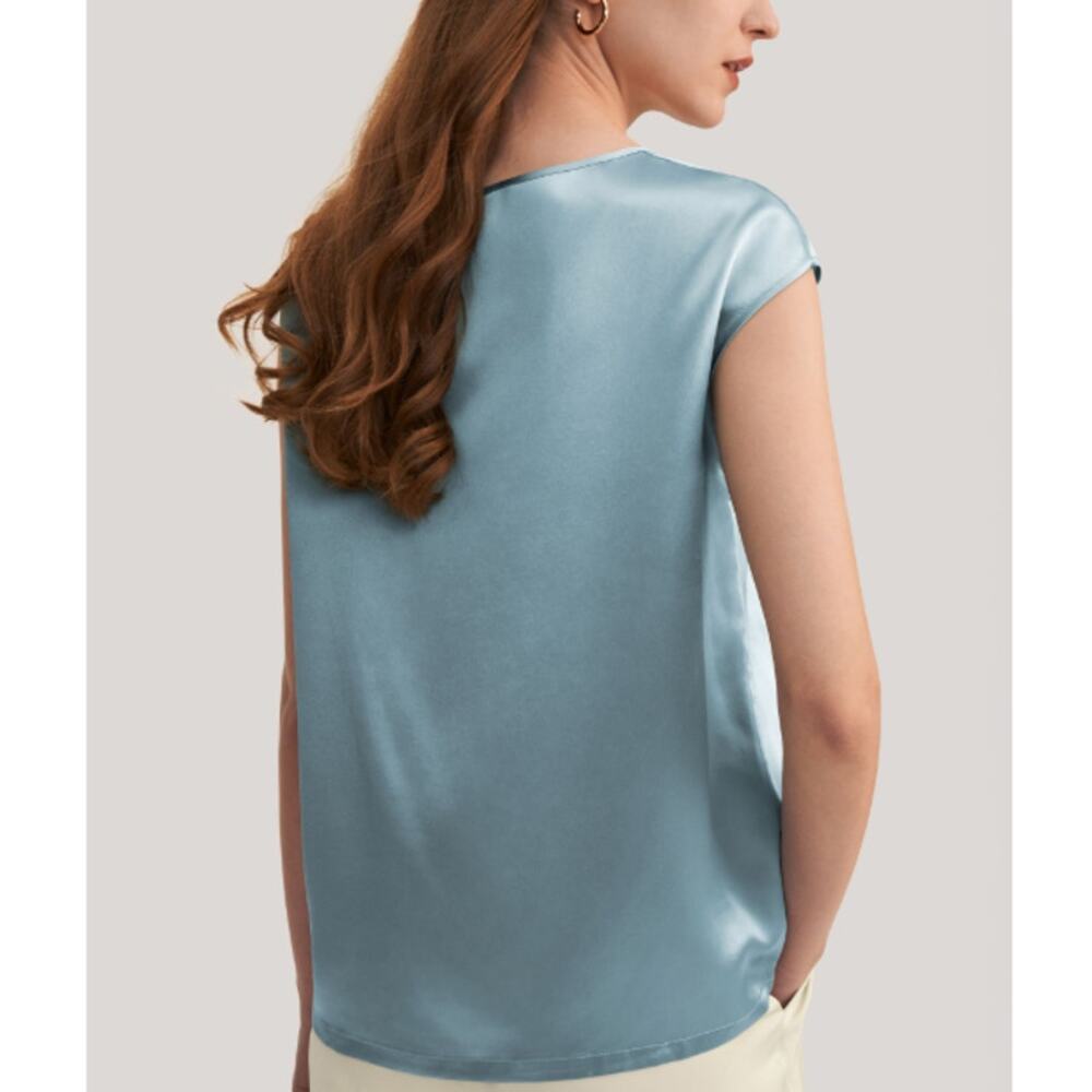 Lilysilk Basic Cap Sleeves Silk Tee Blue Haze Size S - Picture 2 of 13